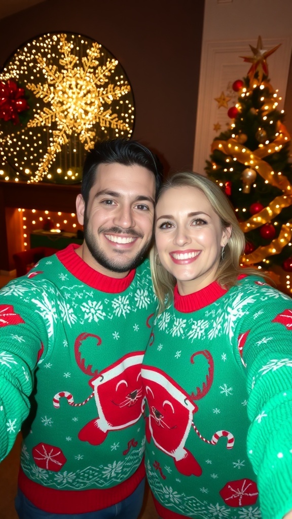 Festive Christmas Bitmoji Outfits for Couples A couple in matching Christmas sweaters posing in front of a decorated Christmas tree.